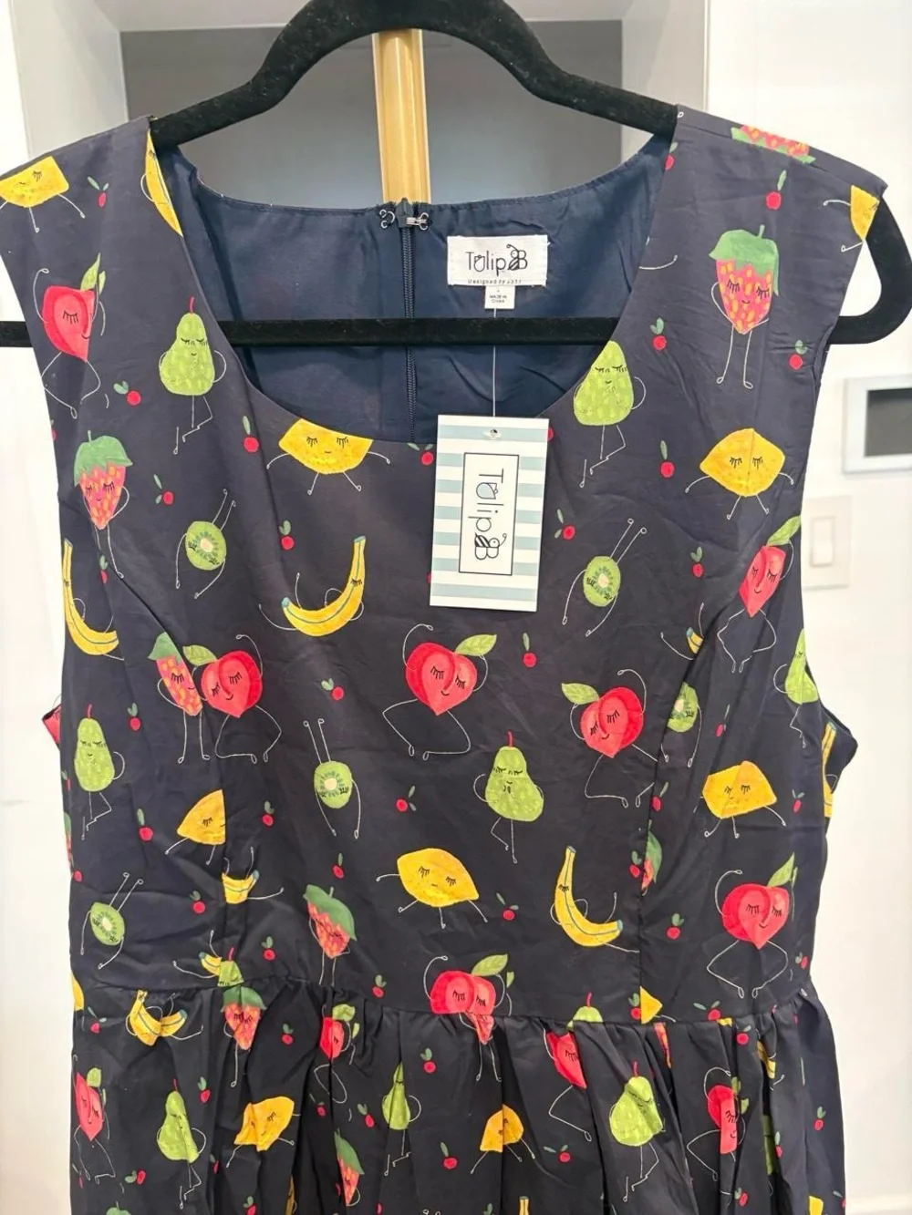 Navy Fruit-Print Sleeveless Midi Dress